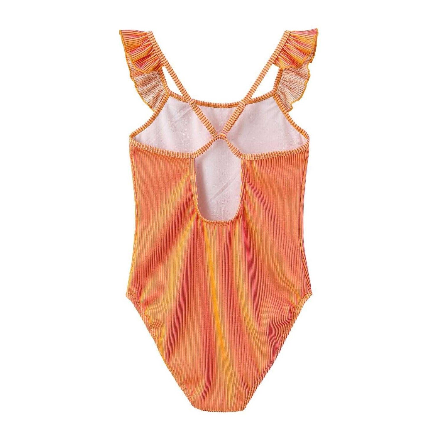 Pink-Orange - Back - Star Girls Contrast Striped Ruffles One Piece Swimsuit