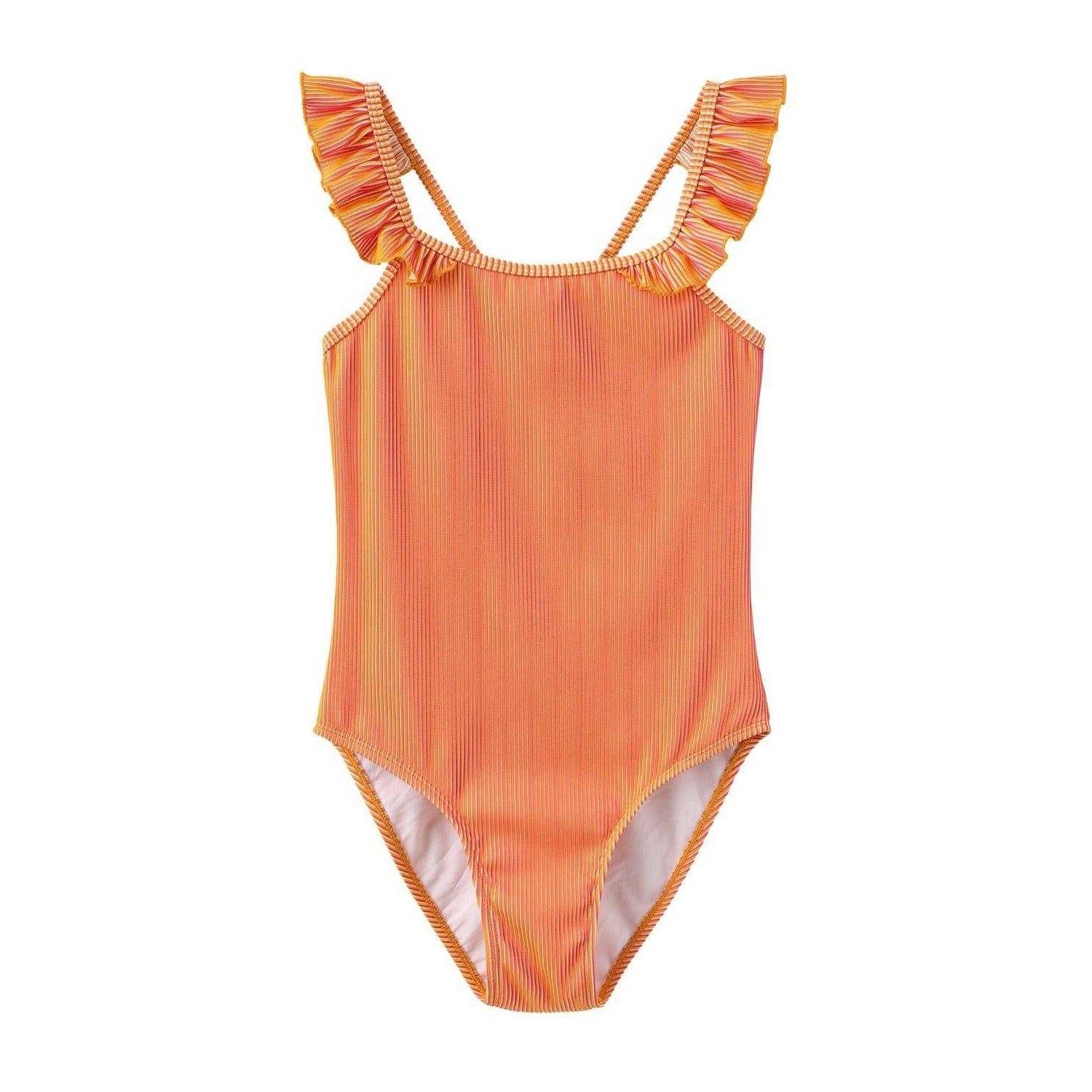Pink-Orange - Front - Star Girls Contrast Striped Ruffles One Piece Swimsuit