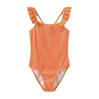 Pink-Orange - Front - Star Girls Contrast Striped Ruffles One Piece Swimsuit