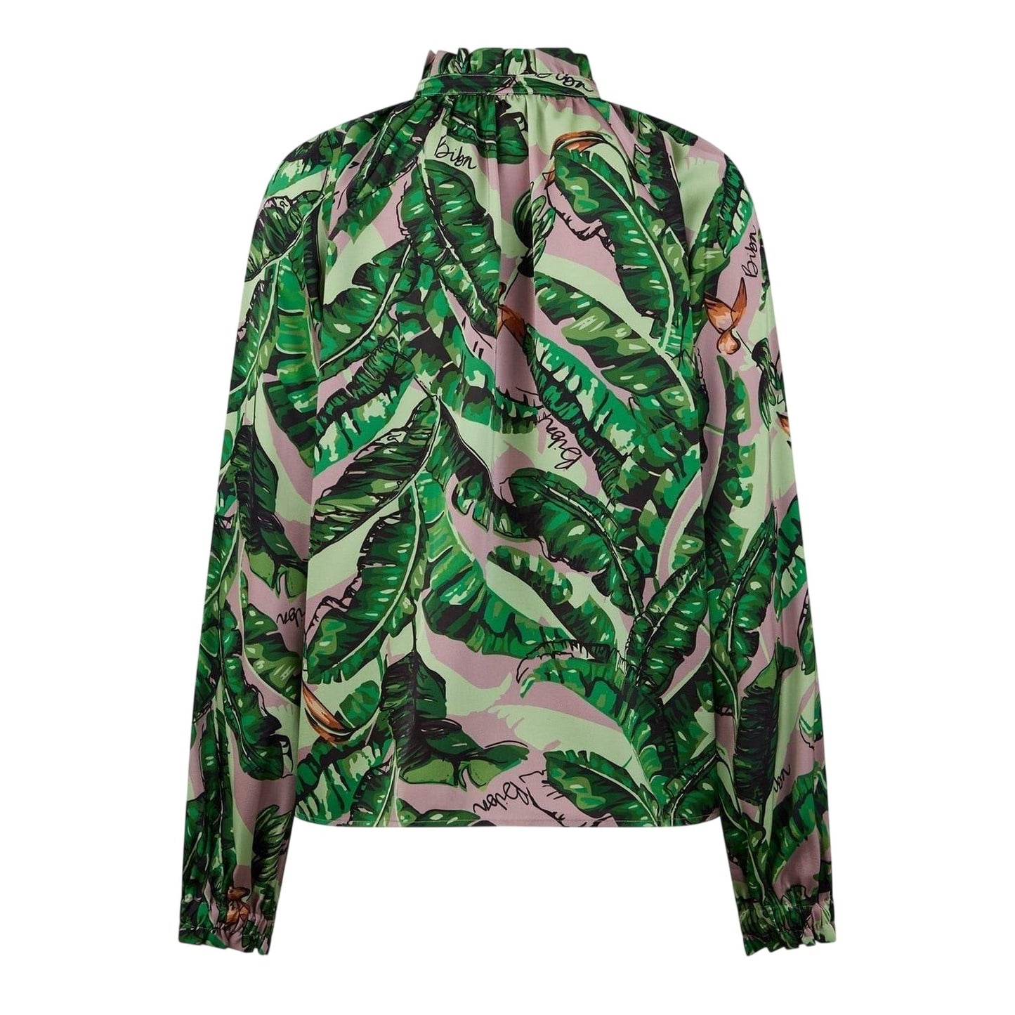 Green-Multicoloured Print - Back - Biba Womens-Ladies Banana Leaf Satin Ruffle Neck Blouse