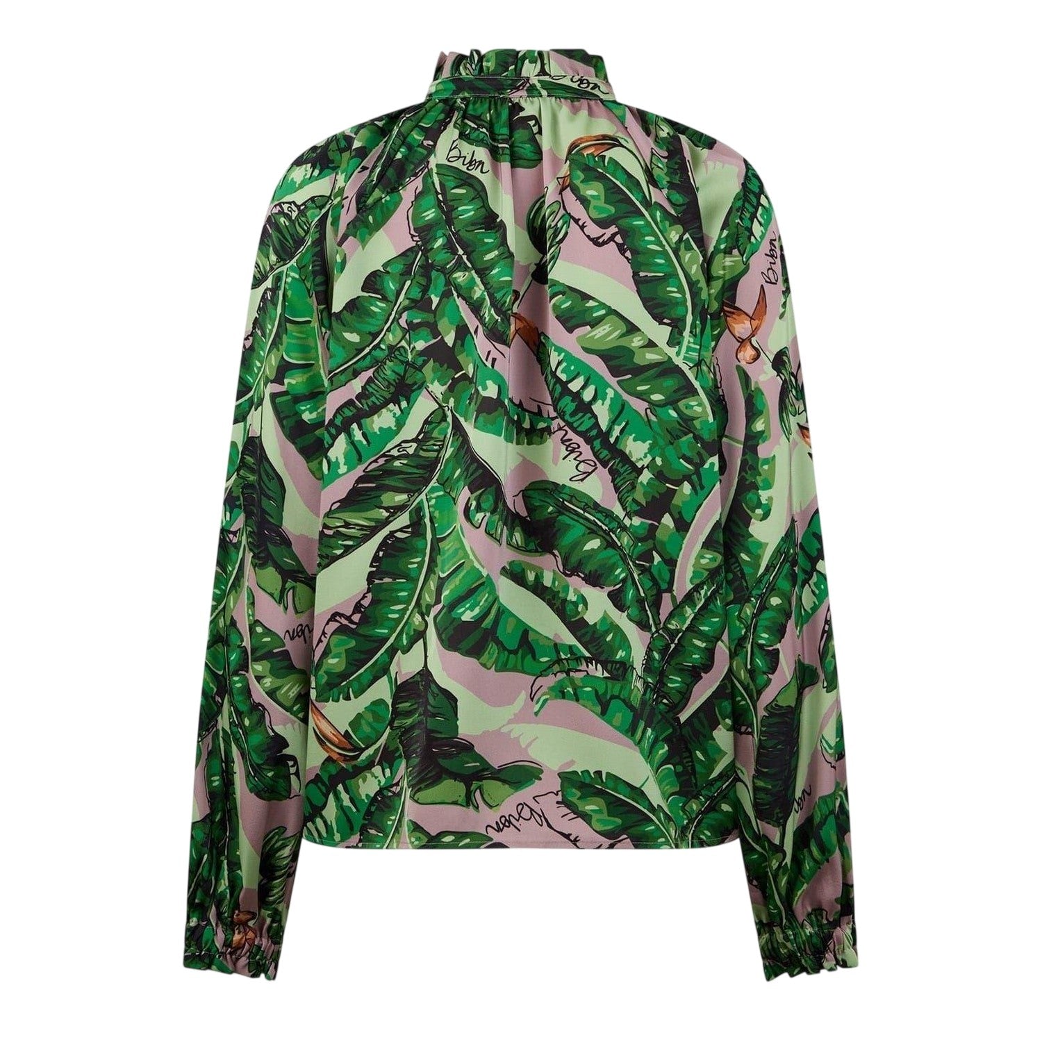 Green-Multicoloured Print - Back - Biba Womens-Ladies Banana Leaf Satin Ruffle Neck Blouse