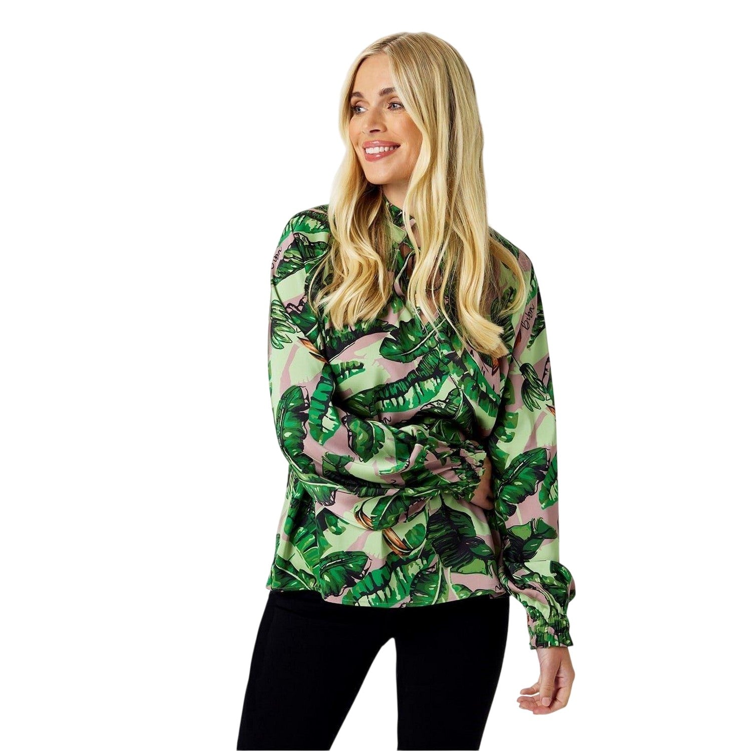 Green-Multicoloured Print - Side - Biba Womens-Ladies Banana Leaf Satin Ruffle Neck Blouse
