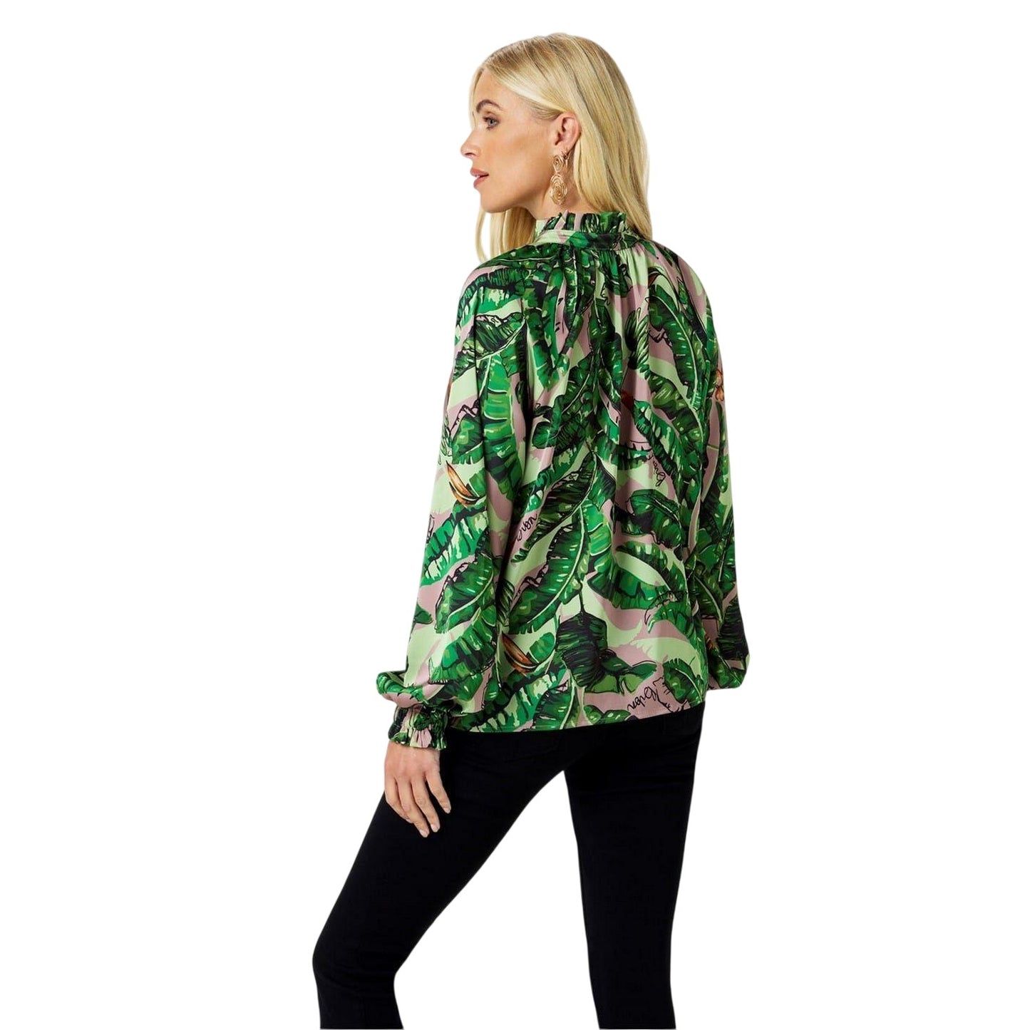 Green-Multicoloured Print - Lifestyle - Biba Womens-Ladies Banana Leaf Satin Ruffle Neck Blouse
