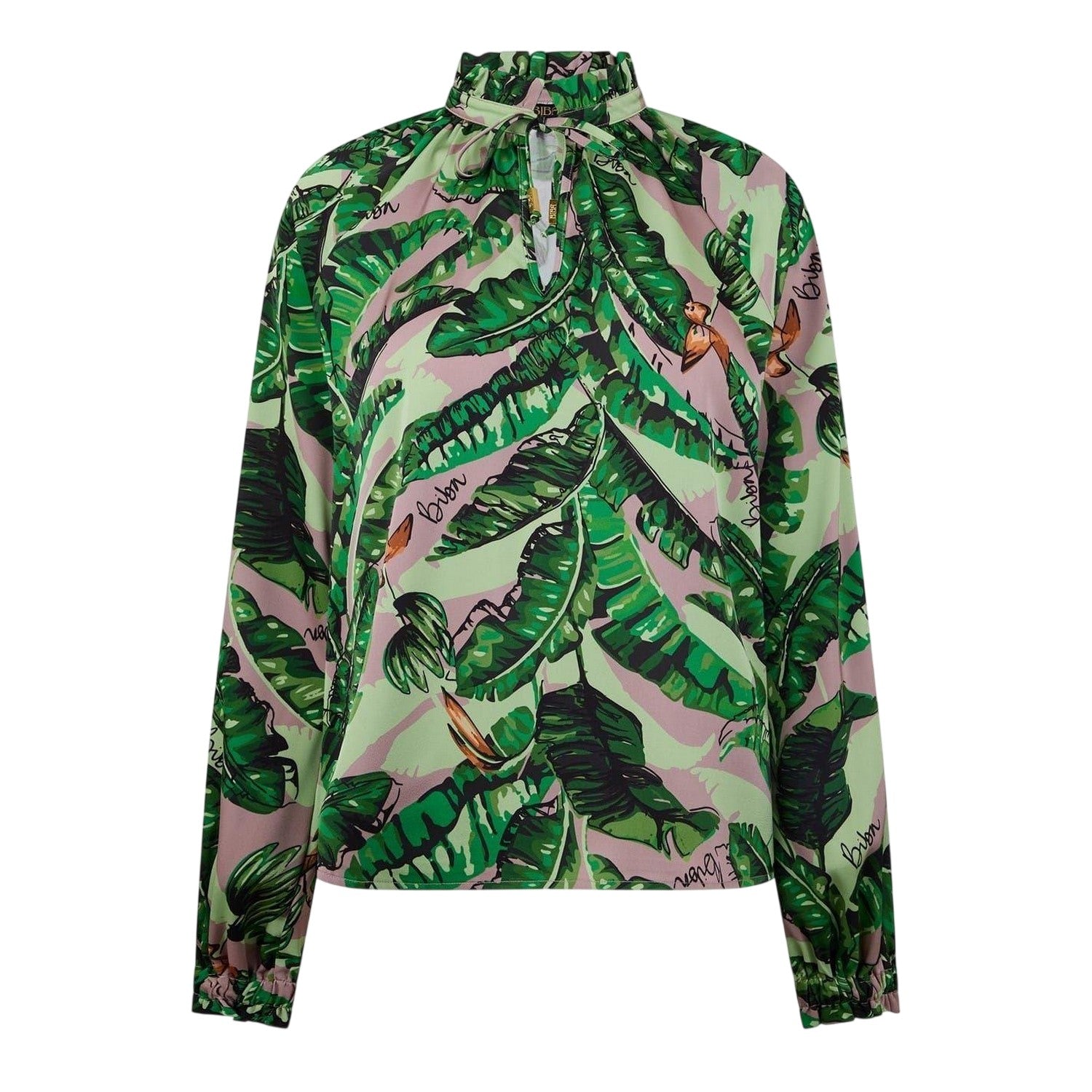 Green-Multicoloured Print - Front - Biba Womens-Ladies Banana Leaf Satin Ruffle Neck Blouse