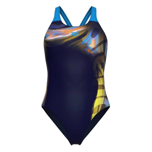 Navy-Turquoise - Front - Arena Womens-Ladies Dreamhline Abstract One Piece Swimsuit