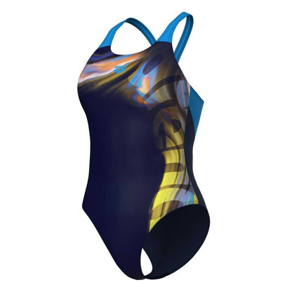 Navy-Turquoise - Side - Arena Womens-Ladies Dreamhline Abstract One Piece Swimsuit