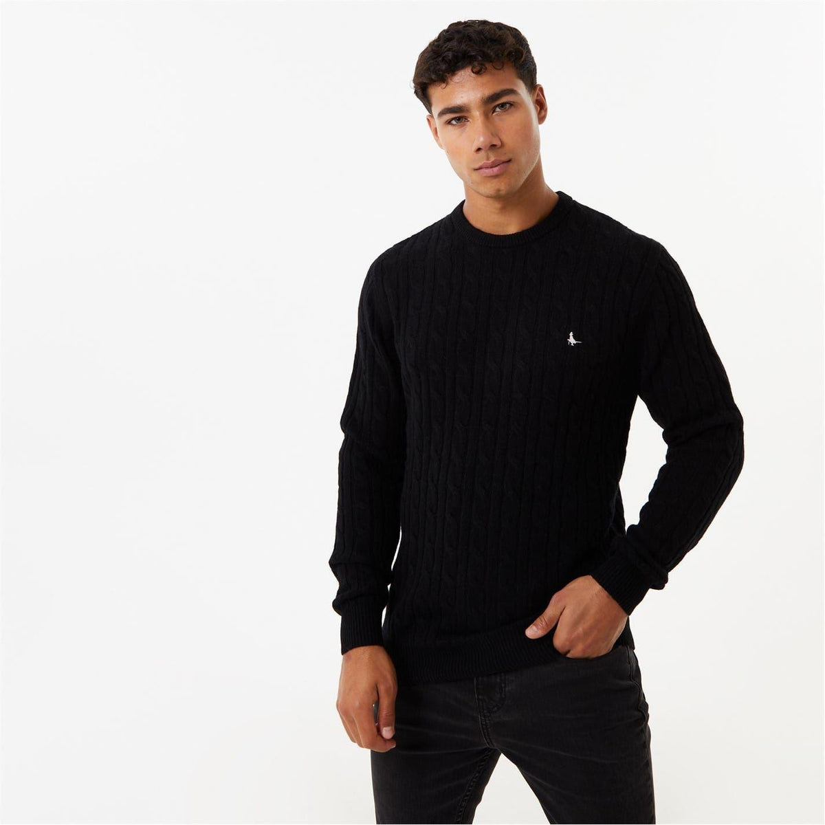 Black - Front - Jack Wills Mens Marlow Cable Knit Merino Wool Jumper