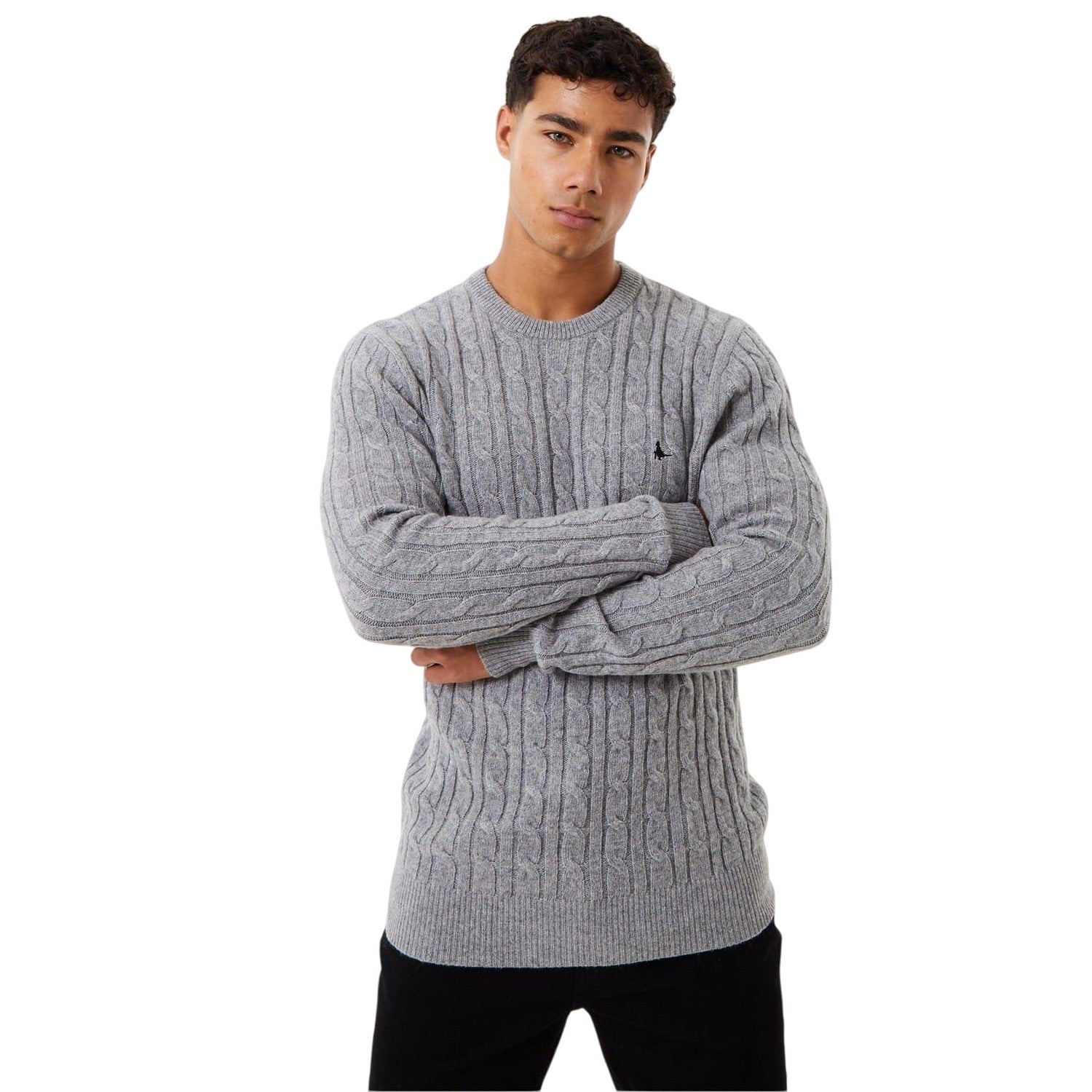 Grey - Side - Jack Wills Mens Marlow Cable Knit Merino Wool Jumper