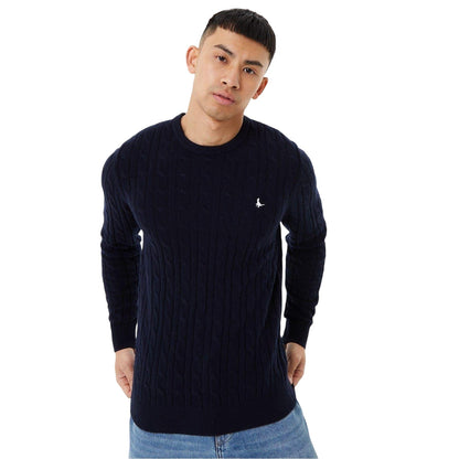 Navy - Front - Jack Wills Mens Marlow Cable Knit Merino Wool Jumper