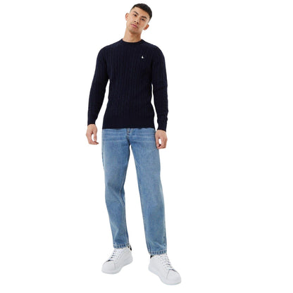 Navy - Side - Jack Wills Mens Marlow Cable Knit Merino Wool Jumper