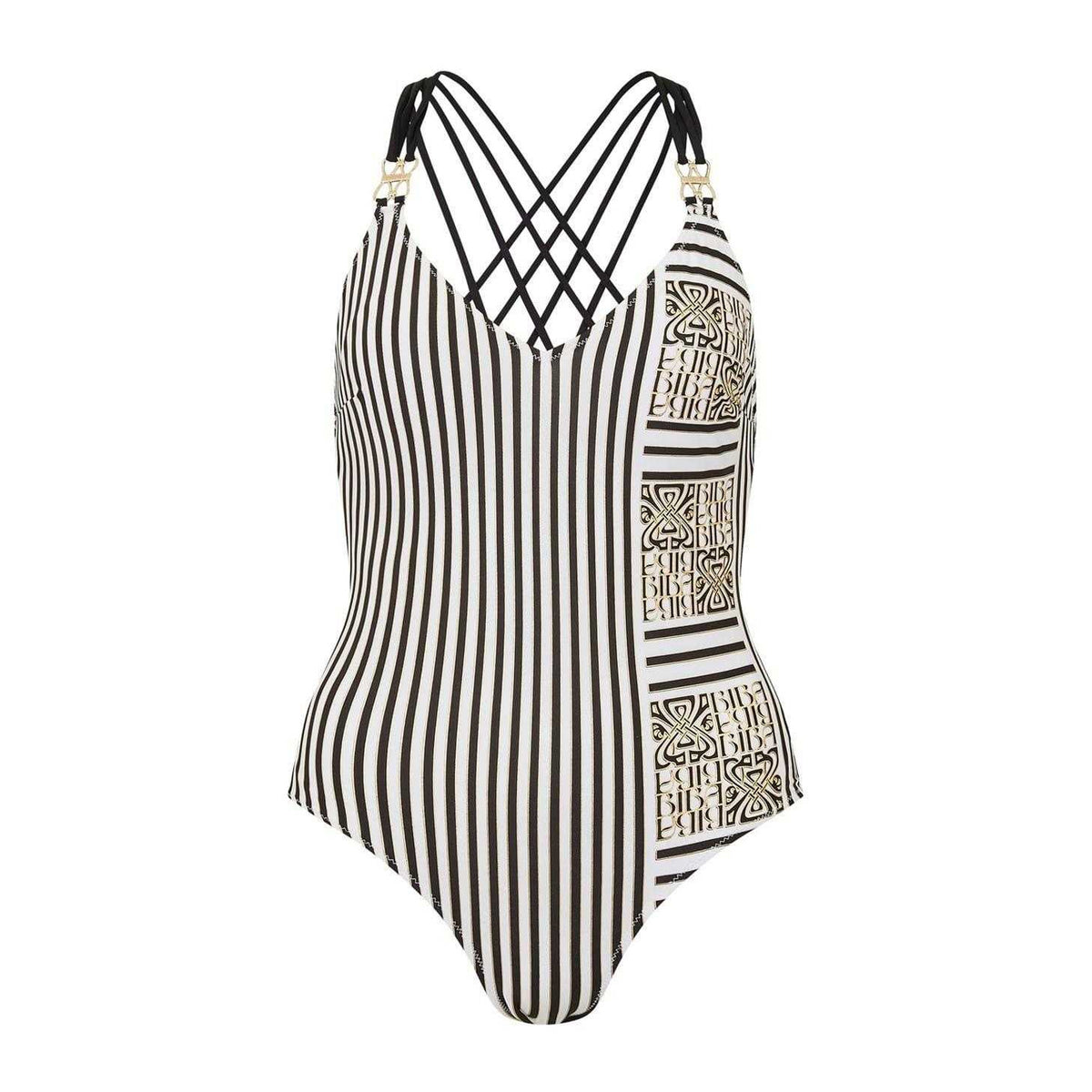 White-Black-Gold - Front - Biba Womens-Ladies Kayla Striped Low Plunge One Piece Swimsuit