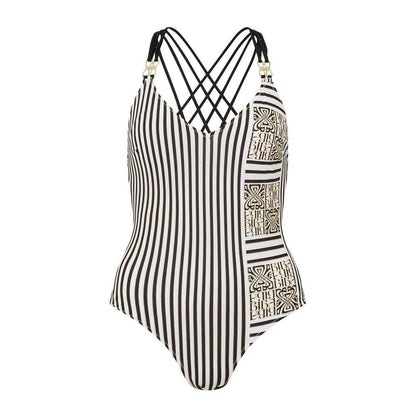White-Black-Gold - Front - Biba Womens-Ladies Kayla Striped Low Plunge One Piece Swimsuit