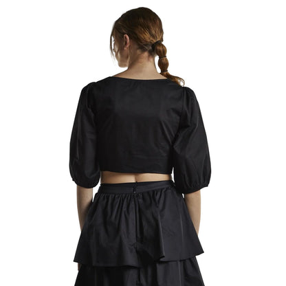 Black - Back - Glamorous Womens-Ladies Twisted Knot Front Puff Sleeve Crop Top