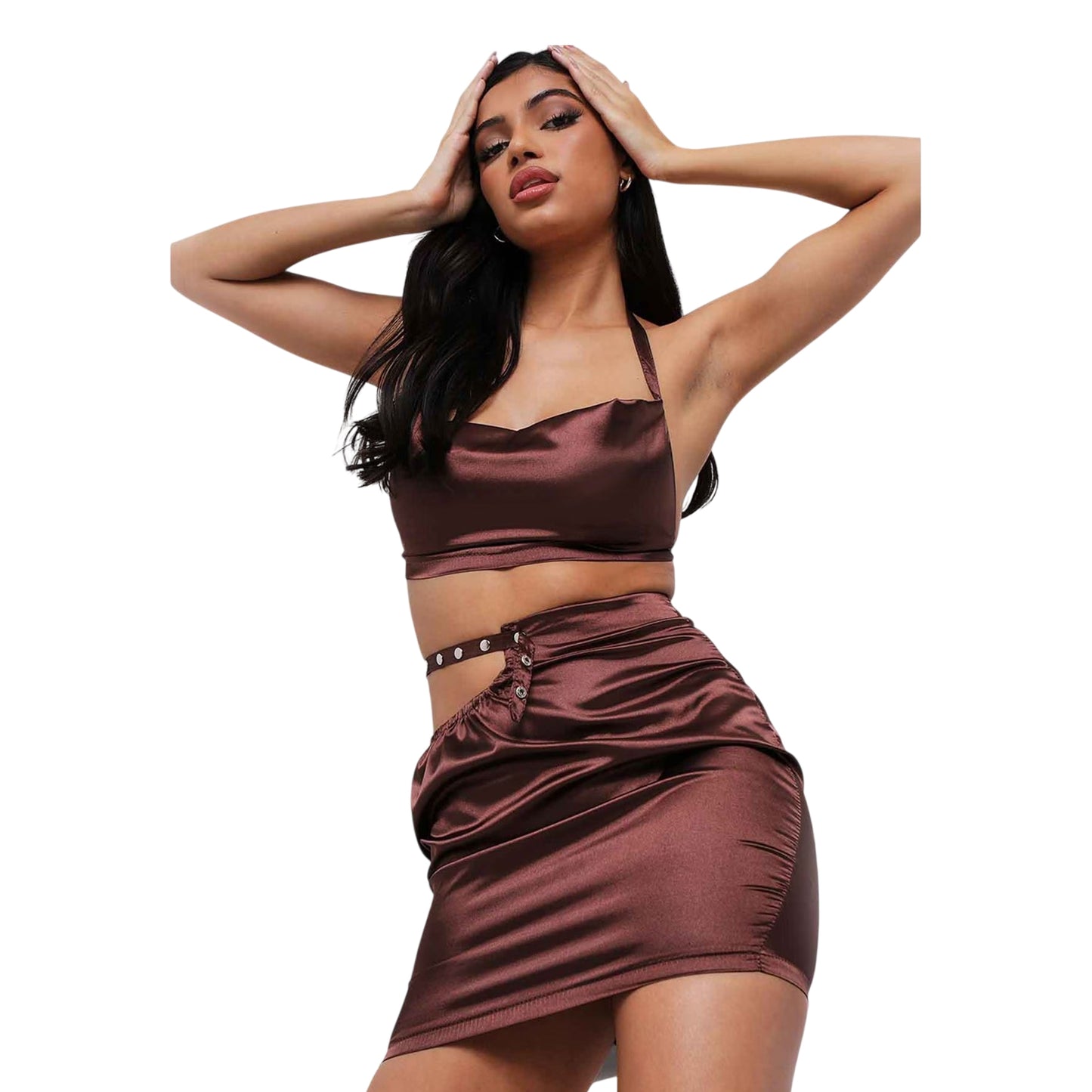 Chocolate - Back - Missy Empire Womens-Ladies Satin Halter Neck Crop Top