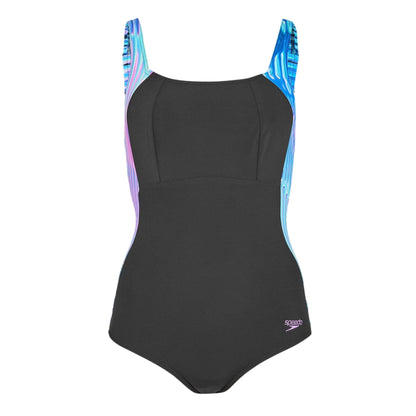 Indigo-Glow - Front - Speedo Womens-Ladies Luna Lustre Wave Pattern One Piece Swimsuit