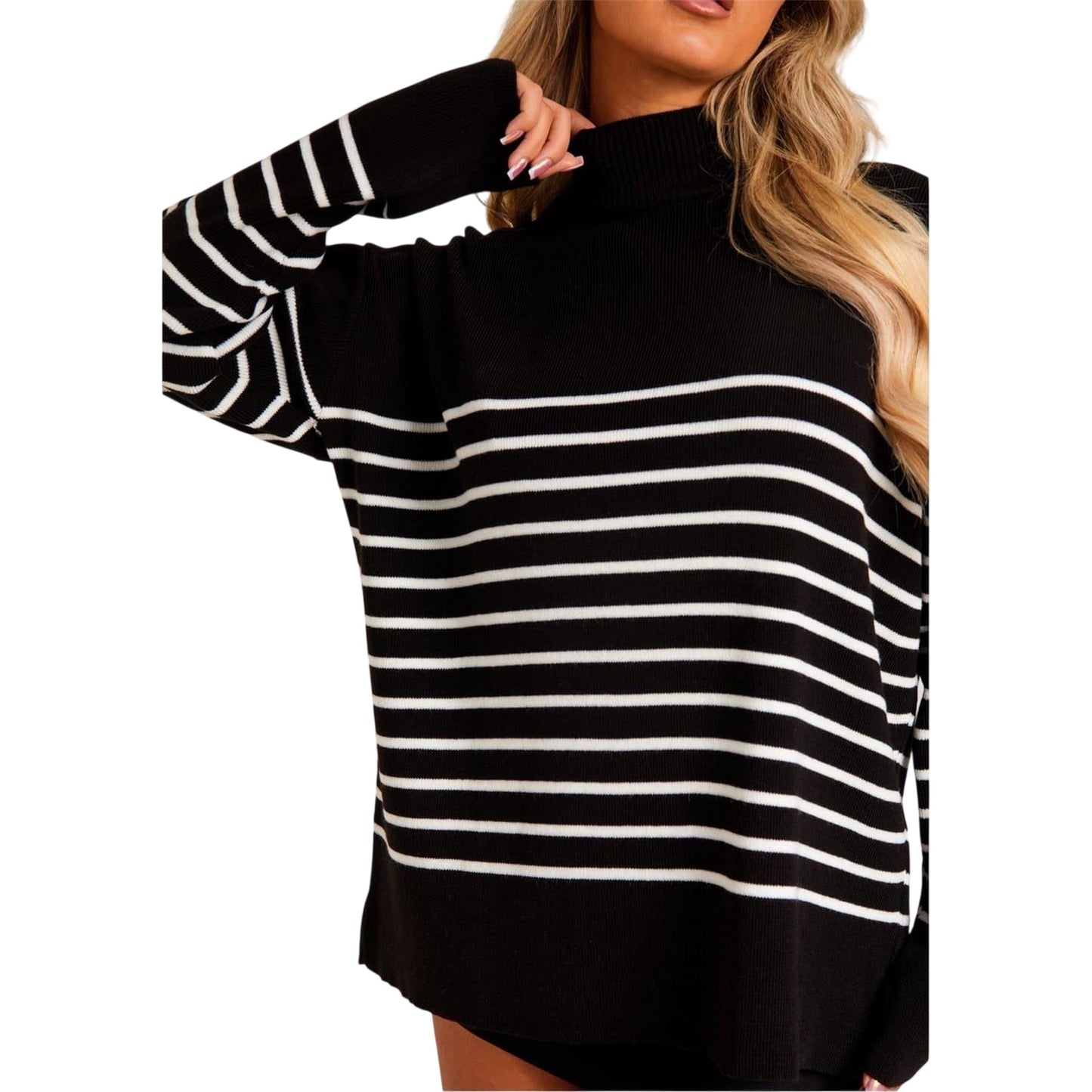 Black-White - Side - Missy Empire Womens-Ladies High-Neck Oversized Long-Sleeved Jumper