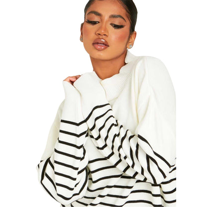 White-Black - Side - Missy Empire Womens-Ladies High-Neck Oversized Long-Sleeved Jumper