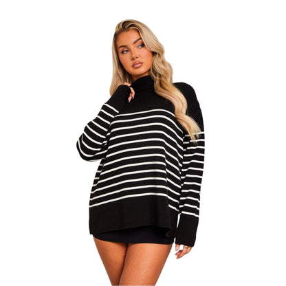 Black-White - Front - Missy Empire Womens-Ladies High-Neck Oversized Long-Sleeved Jumper