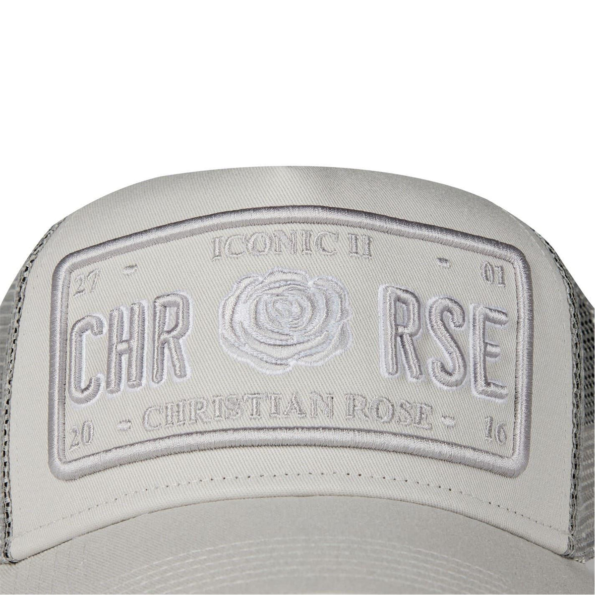Grey - Close up - Christian Rose Li Plate Trucker Cap