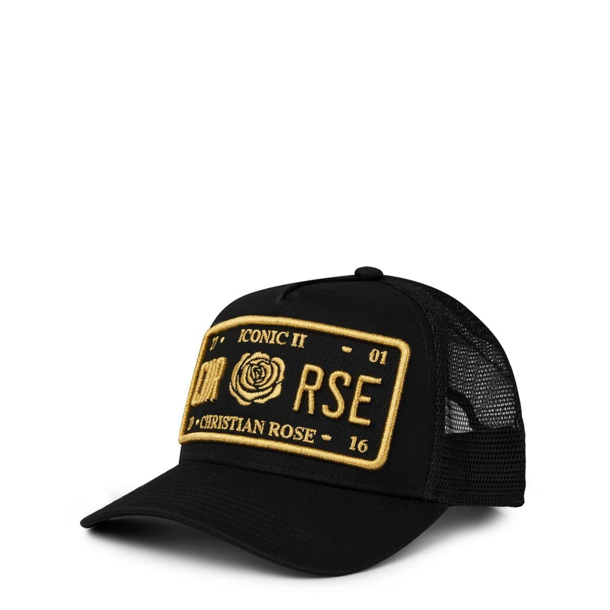 Black-Gold - Front - Christian Rose Li Plate Trucker Cap