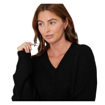 Black - Side - Be You Womens-Ladies V Neck Relaxed Fit Long-Sleeved Sweater Top