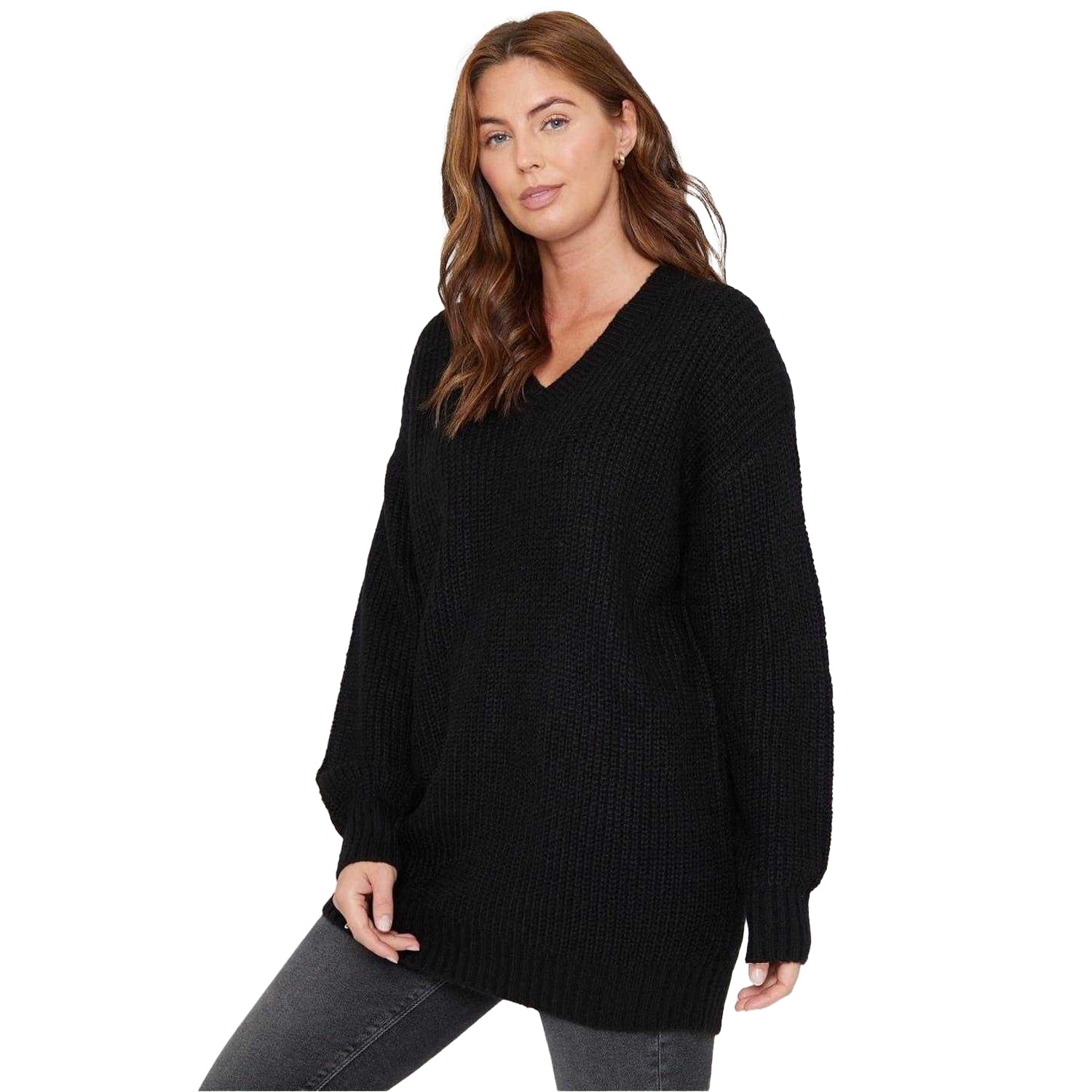 Black - Lifestyle - Be You Womens-Ladies V Neck Relaxed Fit Long-Sleeved Sweater Top