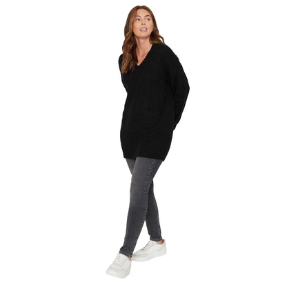 Black - Pack Shot - Be You Womens-Ladies V Neck Relaxed Fit Long-Sleeved Sweater Top