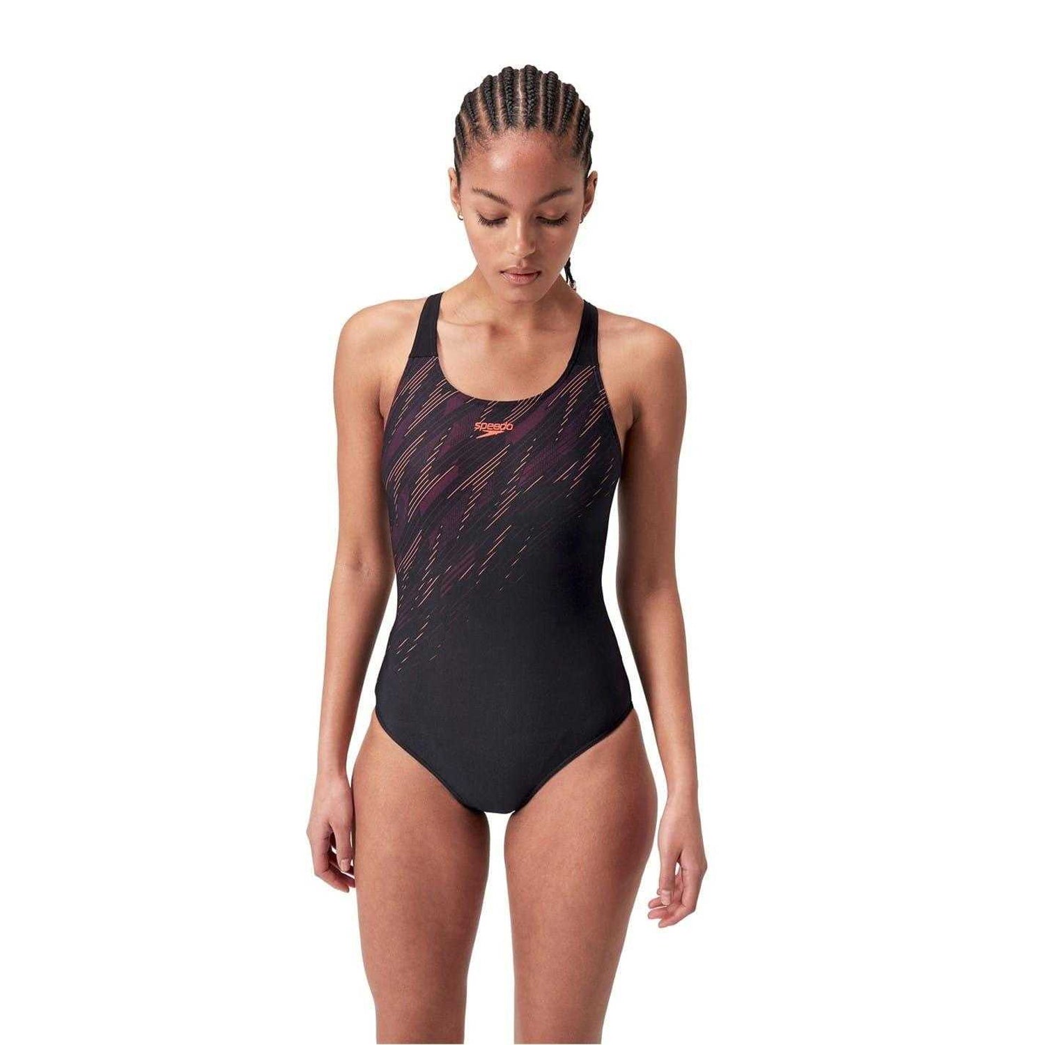 Black-Red - Side - Speedo Womens-Ladies Hyper Boom Placement Graphic Print One Piece Swimsuit
