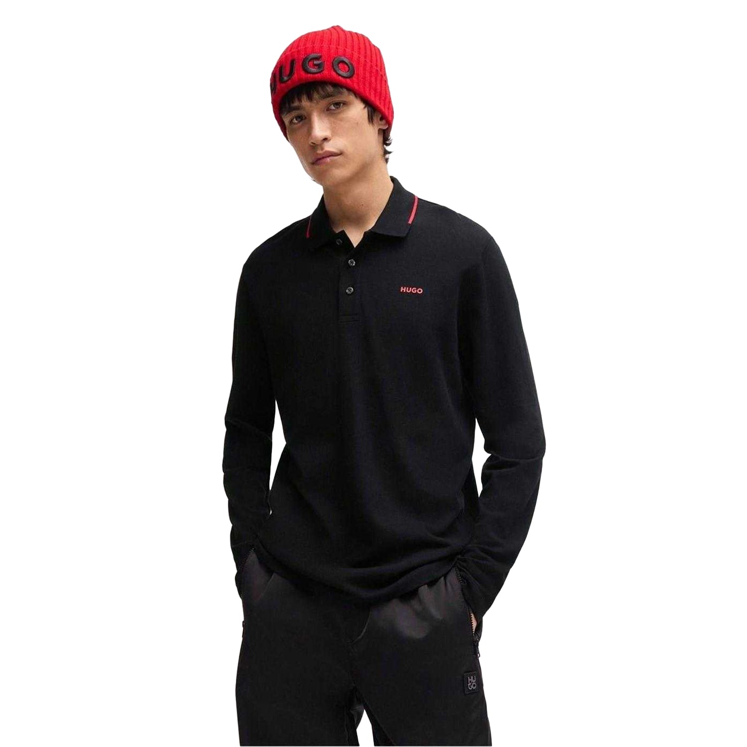 Black - Lifestyle - Hugo Mens Derriko Long-Sleeved Polo Shirt