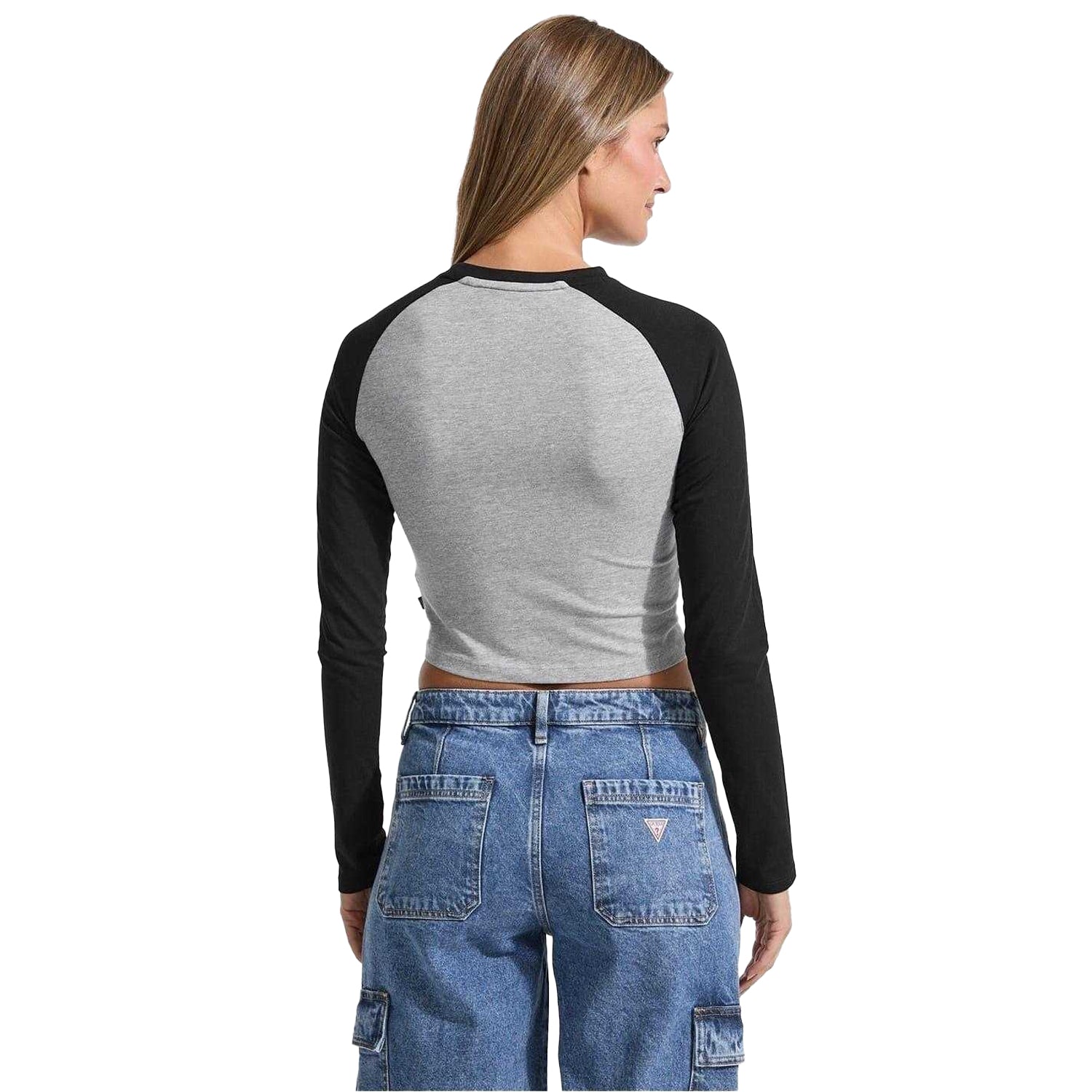 Jet Black - Back - Guess Womens-Ladies Cropped Raglan T-Shirt