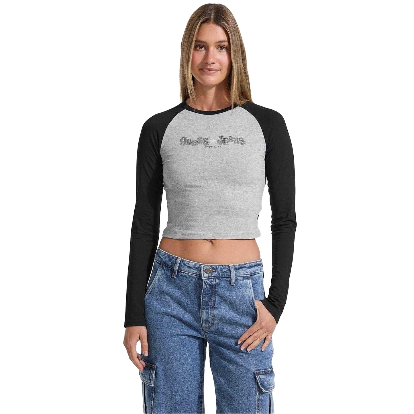 Jet Black - Front - Guess Womens-Ladies Cropped Raglan T-Shirt