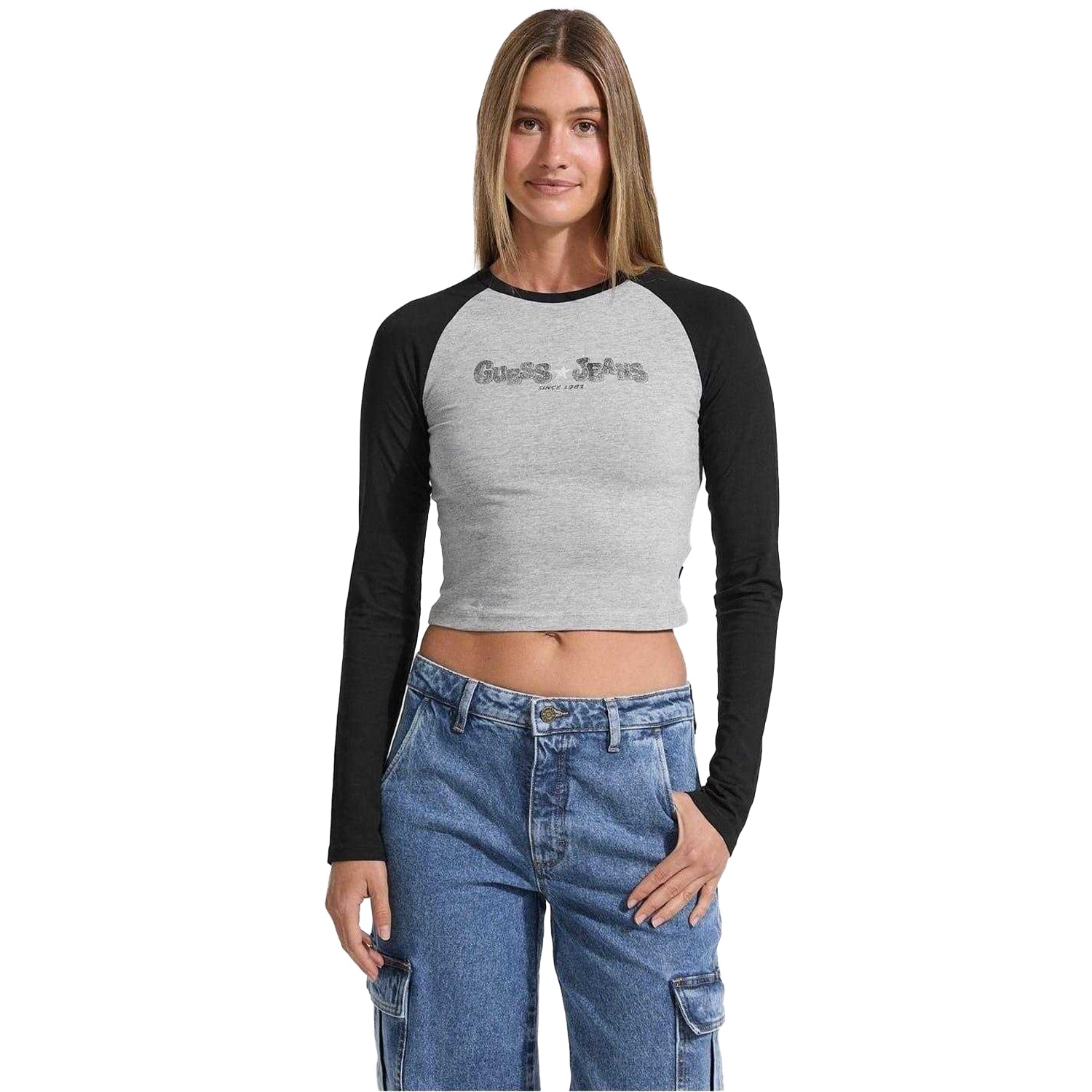 Jet Black - Front - Guess Womens-Ladies Cropped Raglan T-Shirt