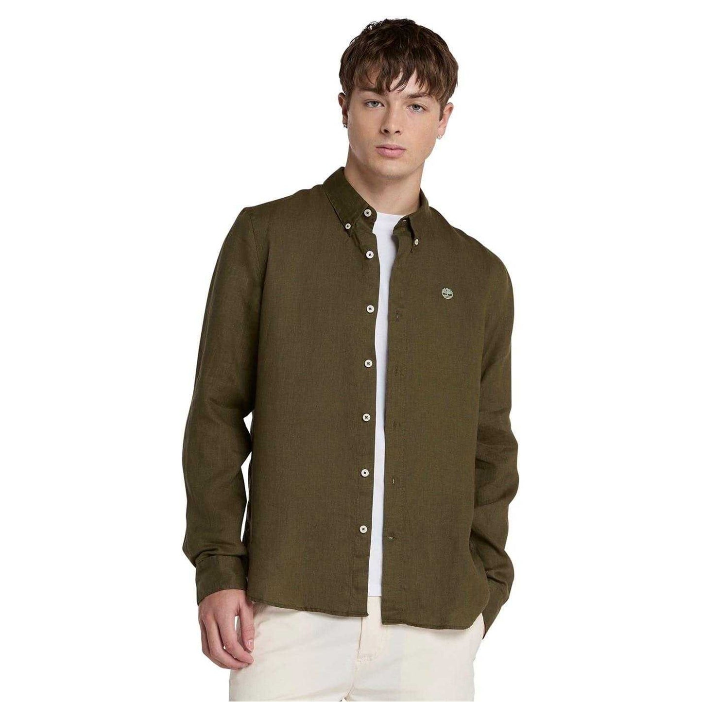 Leaf Green - Front - Timberland Mens Linen Relaxed Fit Shirt