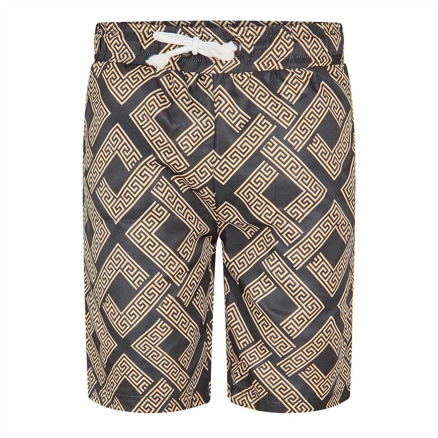 Black-Gold - Front - Criminal Damage Mens Roman Fleece Greek Key Shorts