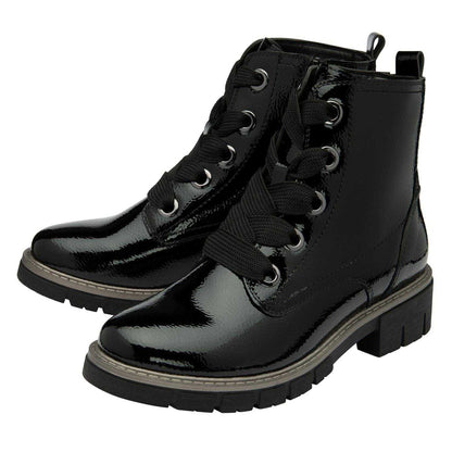 Black Patent - Back - Lotus Shoes Womens-Ladies Jojo Combat Boots