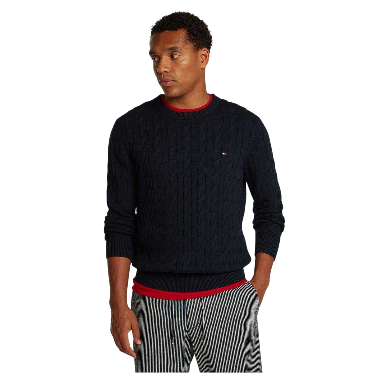 Desert Sky - Side - Tommy Hilfiger Mens Cable Knit Cotton Crew Neck Jumper