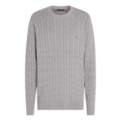 Medium Grey - Front - Tommy Hilfiger Mens Cable Knit Cotton Crew Neck Jumper