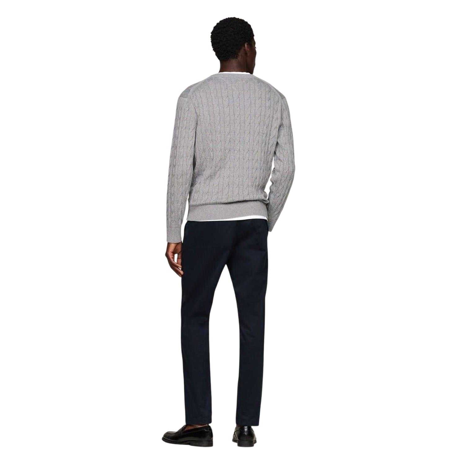 Medium Grey - Back - Tommy Hilfiger Mens Cable Knit Cotton Crew Neck Jumper
