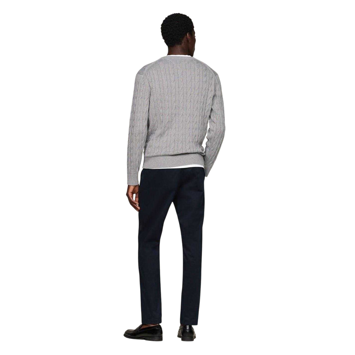 Medium Grey - Back - Tommy Hilfiger Mens Cable Knit Cotton Crew Neck Jumper
