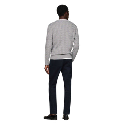 Medium Grey - Back - Tommy Hilfiger Mens Cable Knit Cotton Crew Neck Jumper