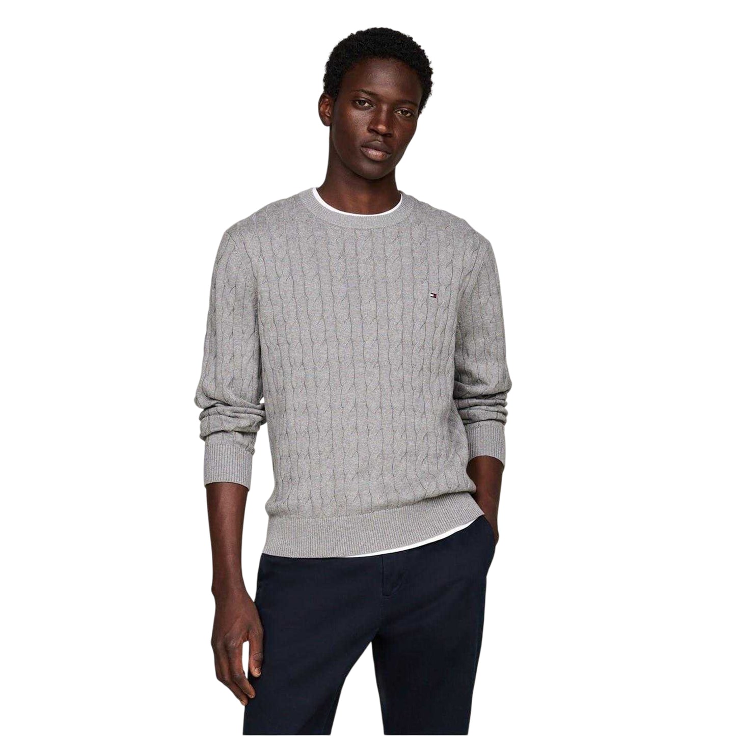 Medium Grey - Side - Tommy Hilfiger Mens Cable Knit Cotton Crew Neck Jumper
