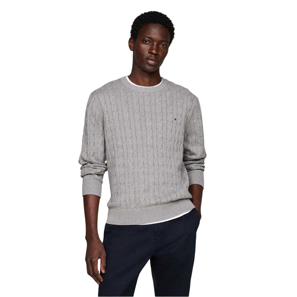 Medium Grey - Side - Tommy Hilfiger Mens Cable Knit Cotton Crew Neck Jumper