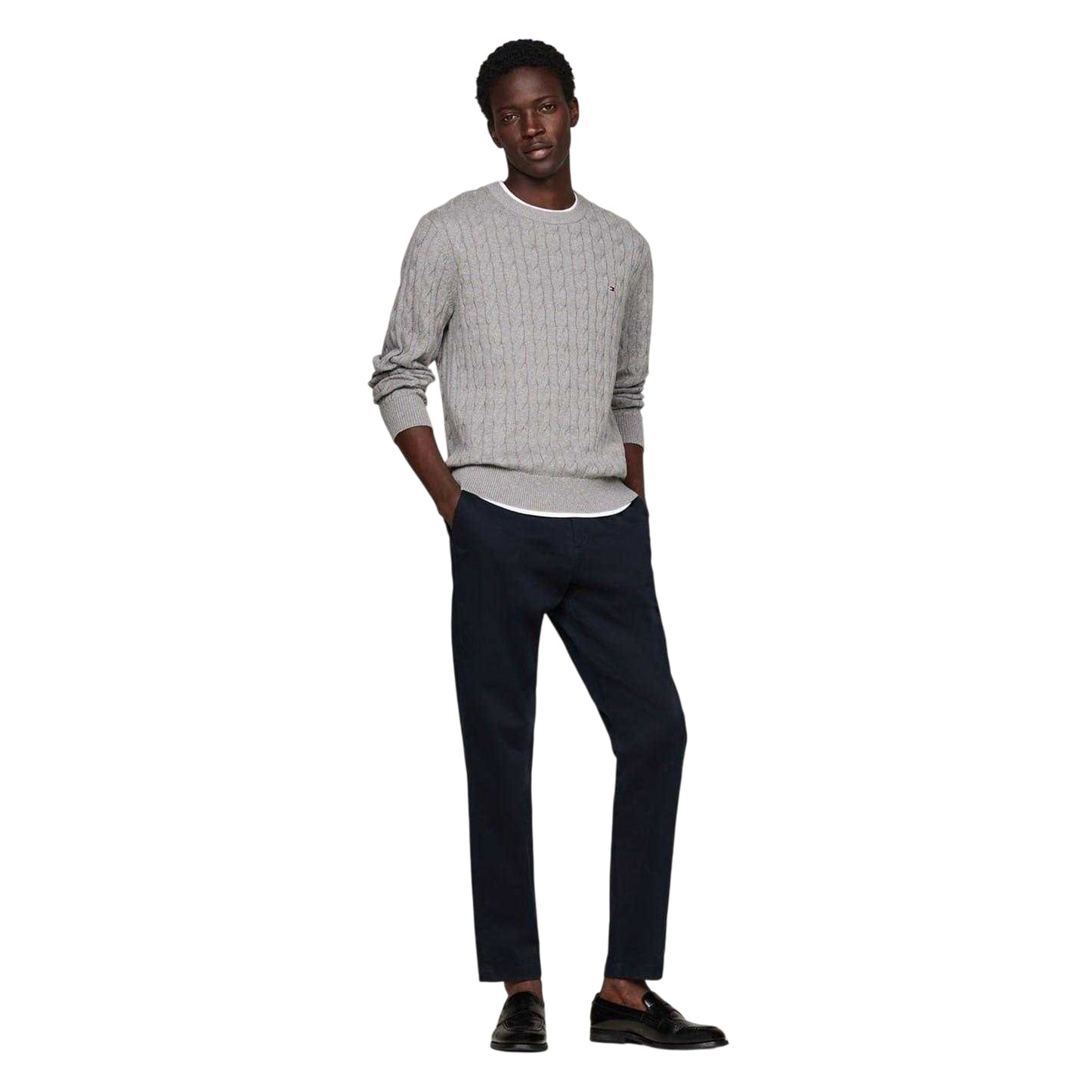 Medium Grey - Lifestyle - Tommy Hilfiger Mens Cable Knit Cotton Crew Neck Jumper