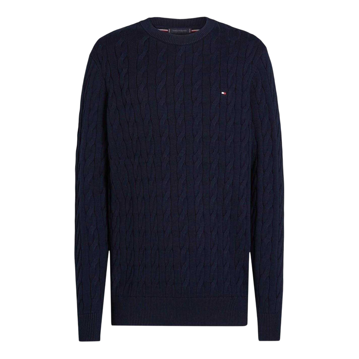 Desert Sky - Front - Tommy Hilfiger Mens Cable Knit Cotton Crew Neck Jumper