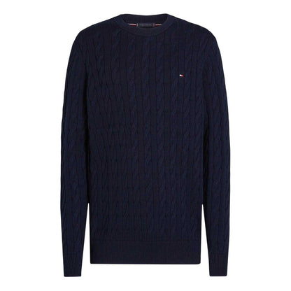 Desert Sky - Front - Tommy Hilfiger Mens Cable Knit Cotton Crew Neck Jumper