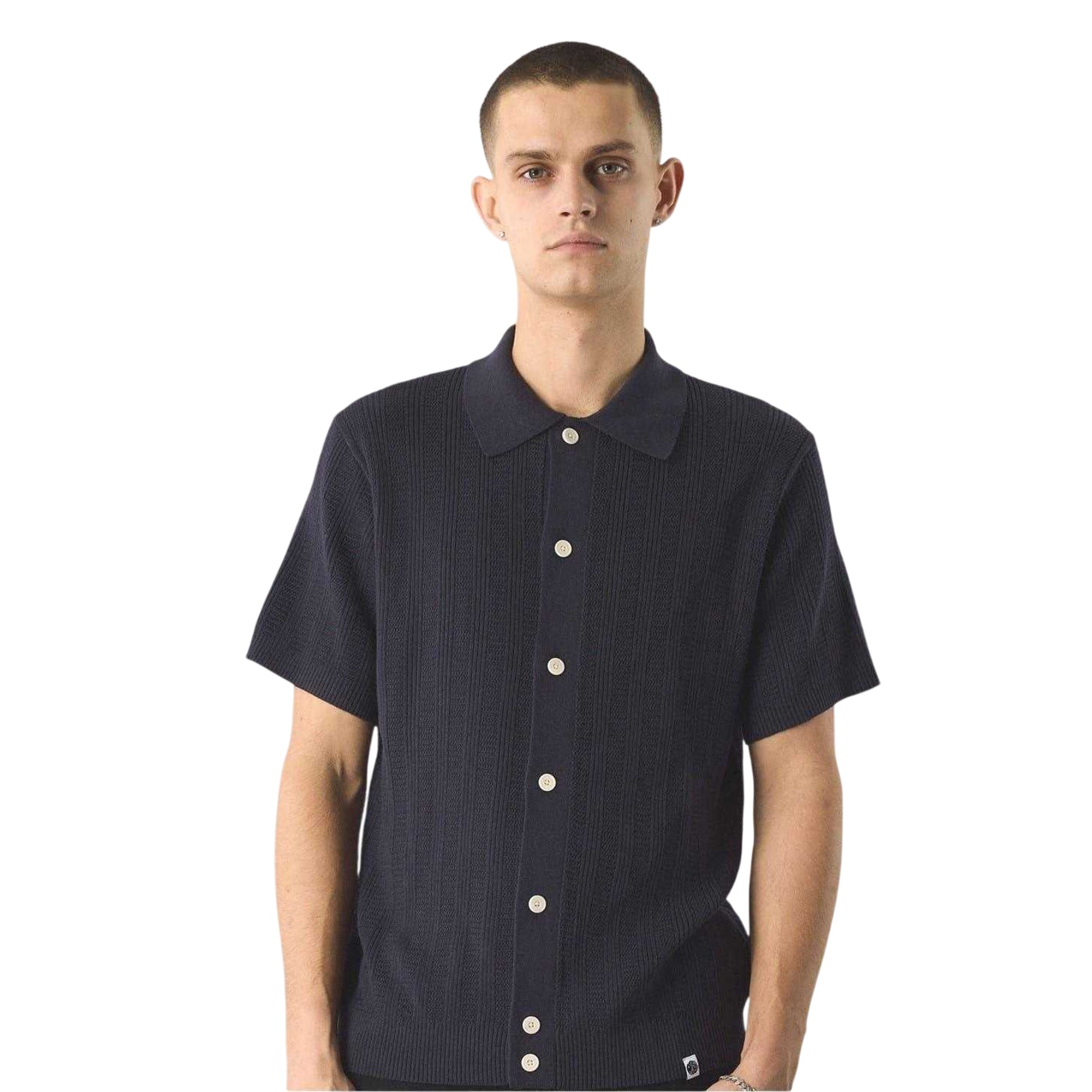 Navy - Side - Pretty Green Mens Ribbed Regular Short-Sleeved Shirt