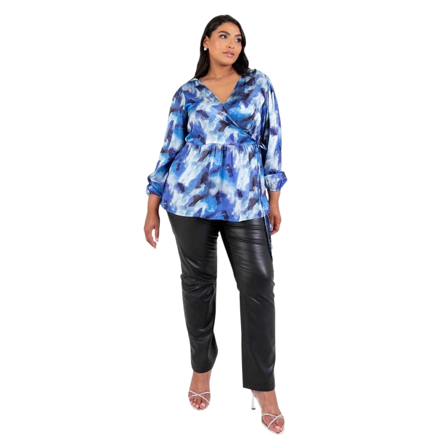 Blue - Side - Lovedrobe Womens-Ladies Satin Long-Sleeved Wrap Top