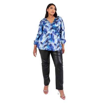 Blue - Side - Lovedrobe Womens-Ladies Satin Long-Sleeved Wrap Top