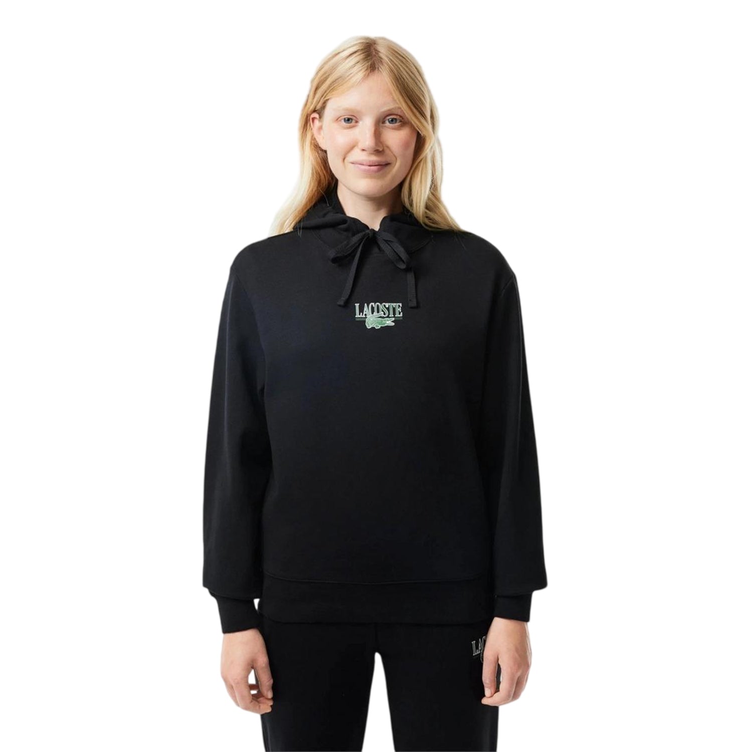 Black - Side - Lacoste Womens-Ladies Embroidered Logo Long-Sleeved Hoodie