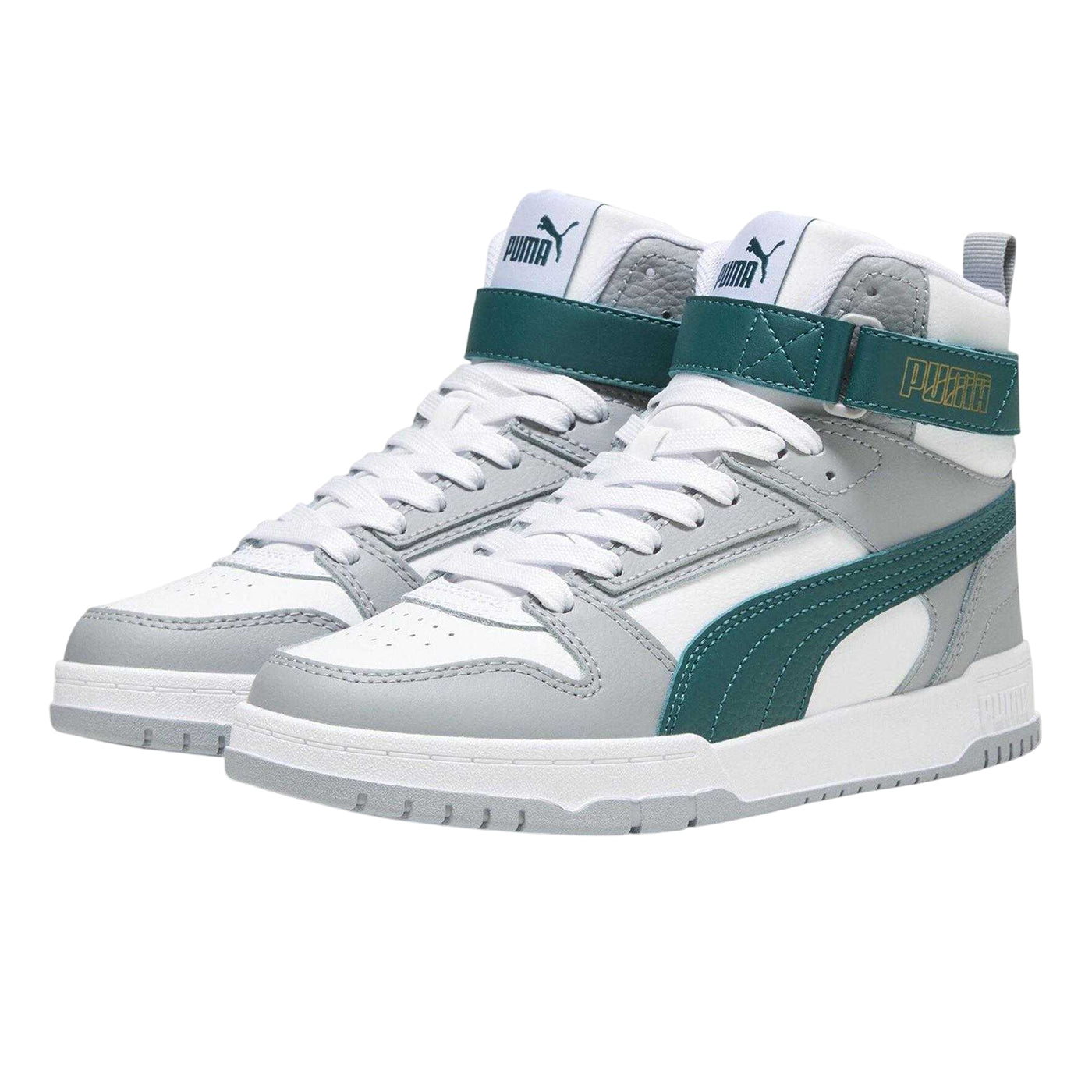 White-Grey-Green - Lifestyle - Puma Childrens-Kids RBD Game High Top Trainers